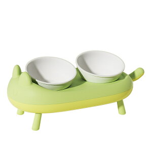 猫 フードボウル 陶器 スタンドセット 猫型台 お皿2個 小型犬 食器 高さ調整 傾斜15° ボウル直径14cm 食器台 脚付き 餌 水入れ 取り外し可 ネコボウル グリーン ペットボウル