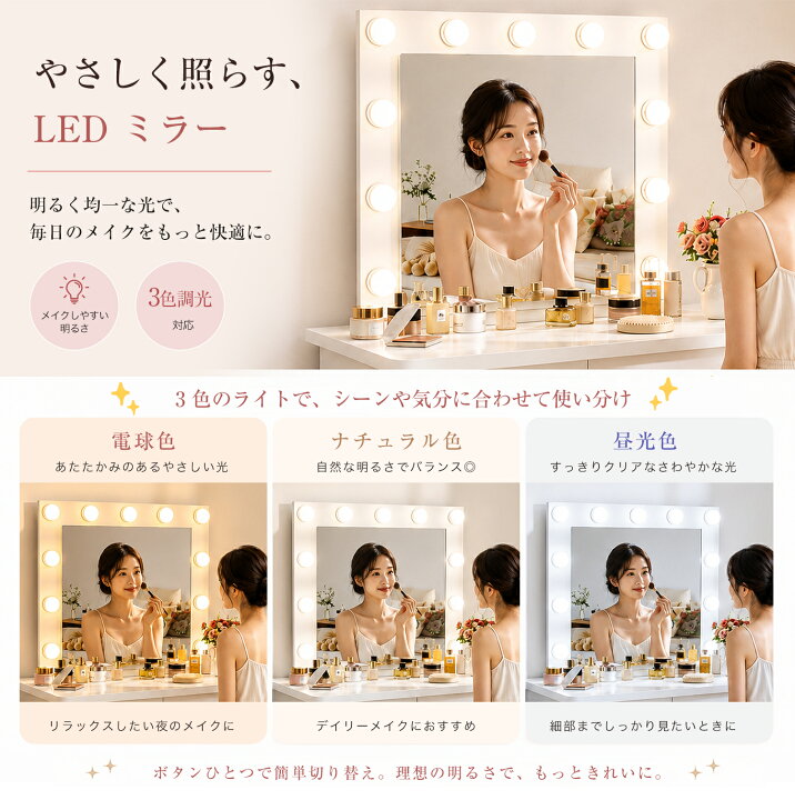 楽天市場】ドレッサー LEDライト付き 女優ミラー 化粧台 スツール付き 