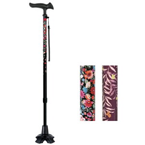 杖 4点杖 おしゃれ 女性 軽量 伸縮 花柄 スリムネック 握りやすい ストラップ付 かるがもファムII 4点DX フジホーム 歩行補助 多点 細首 安定歩行 散歩 ウォーキング 誕生日 母の日 敬老の日 ギ