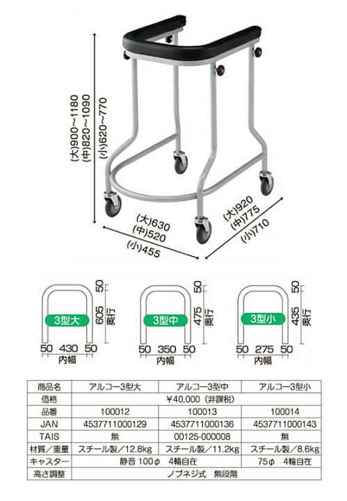 楽天市場】アルコー3型 100013 中 星光医療器製作所 (歩行車 歩行補助 