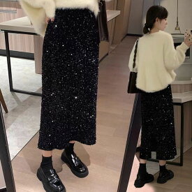 ロングスカート レディース スカート 秋冬 スパンコール ミモレ丈 ボトムス キラキラ スカート おしゃれ カジュアル スリム ブラック 黒 秋 冬 韓国ファッション