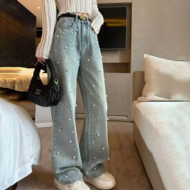 【2,890円！半額クーポン利用で】パール付デニムパンツ 春 夏 ハイウエストデニムパンツデニム ワイドパンツ ハイウエスト 脚長 ストレートパンツ 着やせ カジュアル ジーンズ ロング丈 韓国ファッション ゆったり レトロ 春新作 セミワイドパンツ