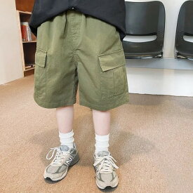 ハーフパンツ キッズ ジュニア 男の子 ボーイズ ボトム 綿 5分丈 短パン カーゴパンツ 無地 シンプル おしゃれ ショーパン ポケット ウエスト ゴム カジュアル こども ジュニア 110 120 130 140 150 160
