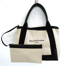バレンシアガ(Balenciaga) ネイビーカバスS 339933 レディース キャンバス,レザー ハンドバッグ ブラック,オフホワイト 【中古】