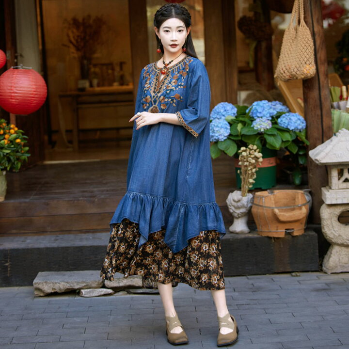 楽天市場】春夏新作 レディース デニム ミモレ丈 ワンピース 刺繍  