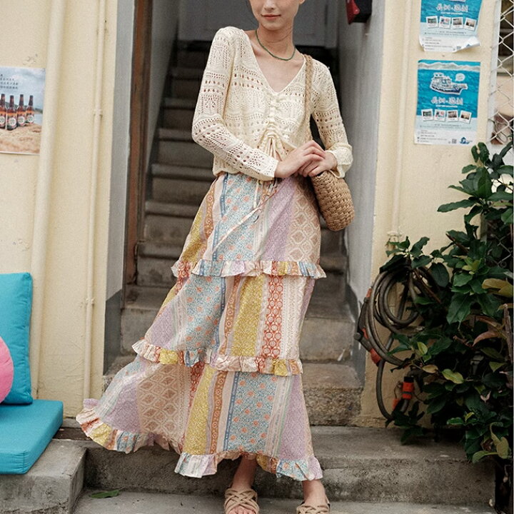 楽天市場】即納 春 レディース ロングティアードスカート カラフル  