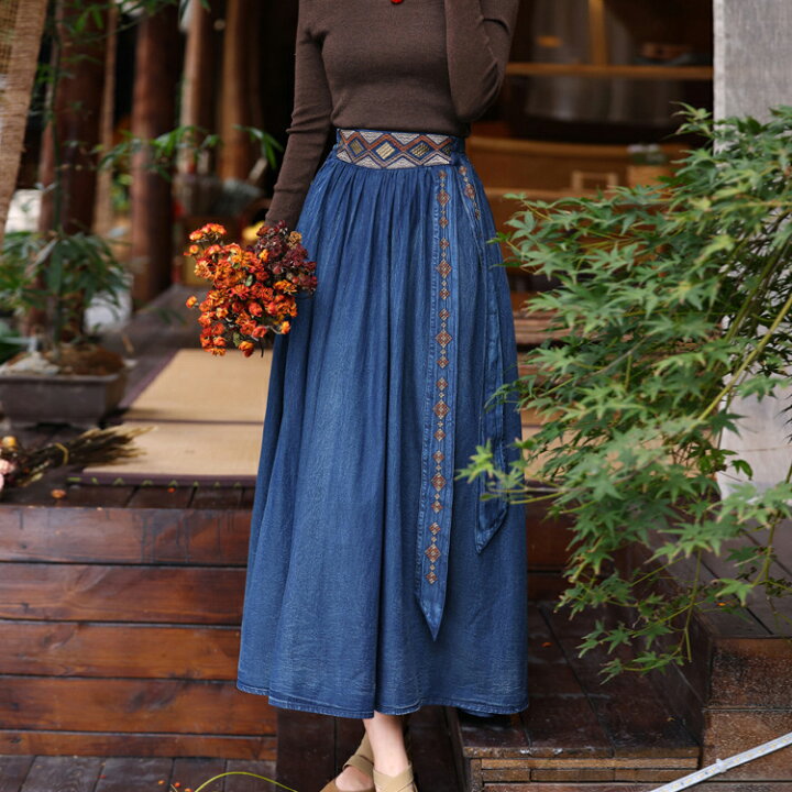 楽天市場】春秋新作 レディース フレア デニム スカート ロング A  