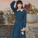 一部即納 秋 ガウンワンピース レディースワンピース シャツワンピース レトロ調ワンピース ラウンドカラー レースカラー ロングワンピース 長袖 ロング丈 ミモレ丈 フレア きれいめ 同布ベルト付き クラシック クラシカル 森ガール ブルー