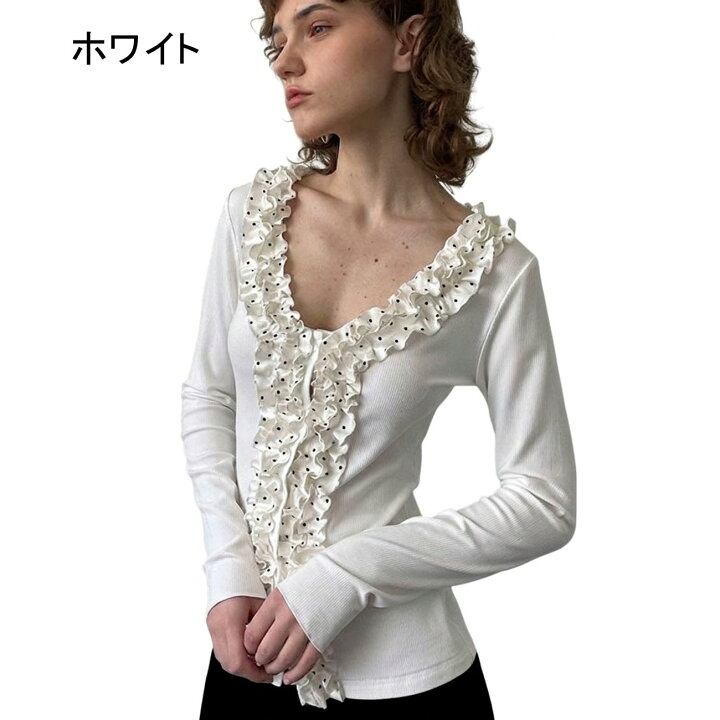 楽天市場】カットソー レディース トップス Vネック フリル ドット柄 