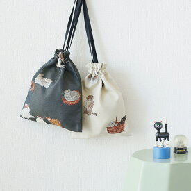 【ポイント10倍!＋クーポン】松尾ミユキ 巾着（猫柄）｜Drawstring bag Cats 猫 キャット 雑貨 かわいい おしゃれ 巾着バッグ バッグ 収納 トラベル 旅行 小さい 収納バッグ 子供 ポーチ ミニバッグ 散歩