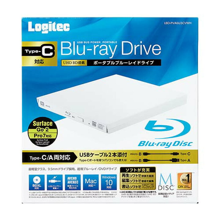 楽天市場】ロジテック Blu-ray ディスクドライブ Type-C対応 USB3.2 Gen1 ポータブル スリム ブルーレイドライブ  再生＆編集ソフト付 UHDBD対応 Type-Cケーブル付属 ホワイト Windows11 対応 LBD-PVA6U3CVWH :  エレコムダイレクトショップ