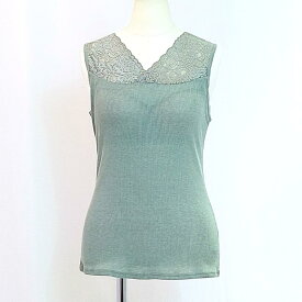 さらさらストレッチ魅せるLACEカップ付きタンクトップ 伸縮ストレッチ素材 肌にさらさら 針抜きフライス編 魅せるレース付 カップ付きインナー レース ホワイト グリーン【送料無料】