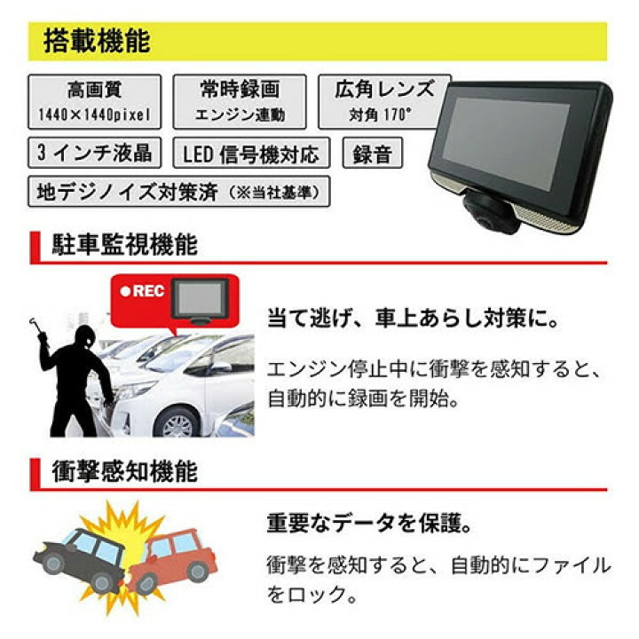 楽天市場 あす楽対応 ブロードウォッチ 360度撮影ドライブレコーダー ３インチ リアカメラ付き Car360 Tf 3sb 前後左右全方向録画可能 タッチパネル式モニター 簡単取り付け 録音 あおり運転 当て逃げ 車上あらし対策 高画質 カー用品 新品 送料無料 Lエル