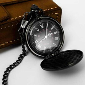 【最大3％OFF】 ローマ数字 シンプル 懐中時計 チェーン付き クォーツ アナログ時計 ブラック 新品 送料無料