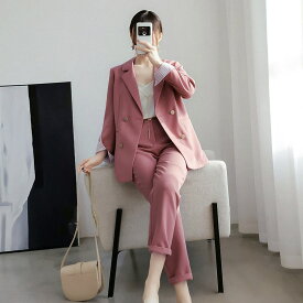 2点で7%OFFクーポン レディース 韓国ファッション 2点セット テーラードジャケット ＋ パンツ スーツ 長袖 可愛い きれいめ 上品 キレカジ 爽やか きちんと感 おしゃれ お出かけ ビジネス オフィス ブラック ピンク ブルー M L 2XL 3XL 4XL 5XL 大きいサイズ