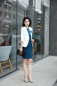 2点で7%OFFクーポン レディース 韓国ファッション セットアップ スーツ ワンピース 7分袖 ジャケット ワンボタン 無地 春夏 大人女子 キレイ目 クール エレガント オフィス 就活 入社式 女子会 OL ホワイト×ブルー S M L XL 2XL 3XL