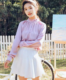 2点で7%OFFクーポン レディース 韓国ファッション シフォン ブラウス フリル フレア 裾広がり ロングスリーブ シャツ トップス オフコーデ OFF 爽やか 普段着 上品 フォーマル ホワイト ピンク S M L サイズ