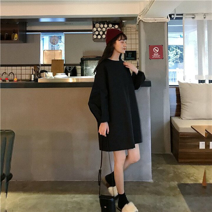 楽天市場 7000円以上購入で全商品5 Off レディース 韓国ファッション ぶかぶか ワンピース 長袖 ミニ丈 カットソーワンピ 無地 ドット柄 学生 ゆったりコーデ 部屋着 デート ホワイト ブラック フリーサイズ ショップエルネフ
