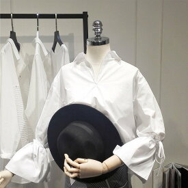 2点で7%OFFクーポン レディース 韓国ファッション ブラウス キャンディスリーブ 長袖 ロングシャツ トップス オフコーデ OFF オフィス デート ホワイト 白 XS S M L サイズ