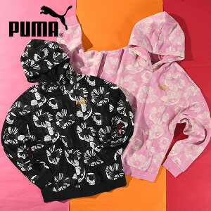 送料無料 プーマ キッズ ガールズ スウェット パーカー PUMA ESS+ CLASS ACT AOP フーディースウェット ジュニア 子供 女の子 総柄 花柄 裏起毛 プルオーバー ジャージ トレーナー スエット 子供服 6