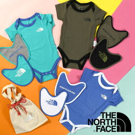 ゆうパケット発送！ 送料無料 3点セット ノースフェイス ベビー 子供 THE NORTH FACE ロンパース 2P ビブ スタイ 出産祝い ギフト 巾着 キッズ B S/S Rompers＆2P Bib 2024春夏新色 NTB12354