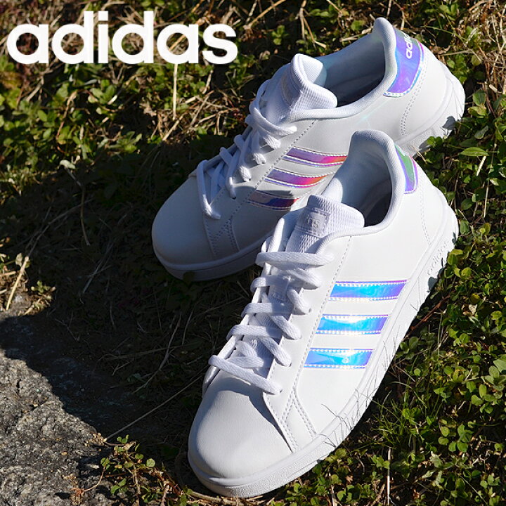 楽天市場 送料無料 アディダス キッズ スニーカー Adidas Grandcourt K ジュニア 子供 グランドコート 男の子 女の子 紐靴 ひも靴 学校 通学 シューズ 靴 3本ライン ホワイト 白 玉虫色 オーロラ Fw1274 エレファントｓｐｏｒｔｓ
