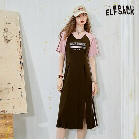 送料無料 ELFSACK ワンピース レディース エルフサック ブランド ブラック ピンク vネック Aライン プリント 春夏 カジュアル 個性的 キュート 韓国 ファッション ガーリー 20代 30代40代 Y2K