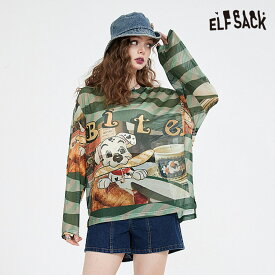 送料無料 ELFSACK レディース Tシャツ エルフサック ブランド トップス グリーン UVカット ゆったり 犬柄 春夏 カジュアル 個性的 キュート 韓国 ファッション ガーリー 20代 30代40代 Y2K