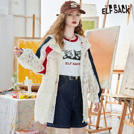 送料無料 ELFSACK ジャケット アウター レディース エルフサック ブランド ホワイト UVカット レース ?せ見え 春夏 カジュアル 個性的 キュート 韓国 ファッション ガーリー 20代 30代40代 Y2K