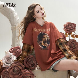 送料無料 ELFSACK Tシャツ トップス 重ね着風 長袖 プリント 丸首 レディース エルフサック ギャル Y2K ブランド 夏 秋 きれいめ おしゃれ 可愛い カジュアル 体型カバー 30代 40代 50代 uvカット韓国 ファッション 個性的 派手