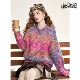 送料無料 ELFSACK トップス セーター 虹色 丸首 プルオーバー レディース エルフサック ギャル Y2K ブランド 秋 冬 きれいめ おしゃれ 可愛い カジュアル 体型カバー 30代 40代 50代 uvカット 韓国 ファッション 個性的 派手