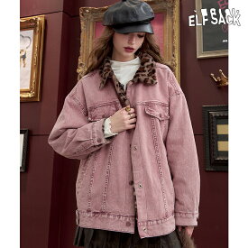 送料無料 ELFSACK ジャケット アウター ブルゾン デニム ヒョウ柄 衿 アメカジ レトロ レディース エルフサック ギャル Y2K ブランド 秋 冬 きれいめ おしゃれ 可愛い カジュアル 体型カバー 30代 40代 50代 uvカット 韓国 ファッション 個性的 派手
