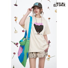 送料無料 ELFSACK Tシャツ トップス 半袖 丸首 苺柄 ゆったり レディース エルフサック ストリート Y2K ブランド 春 夏 おしゃれ 可愛い カジュアル 体型カバー 30代 40代 50代 韓国 ファッション 個性的 派手