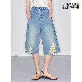 送料無料 ELFSACK デニム ハーフパンツ ショートパンツ 半ズボン 五分丈 アメカジ ダメージ付 ワイド レディース エルフサック ストリート Y2K ブランド 春 夏 おしゃれ 可愛い カジュアル 体型カバー 30代 40代 50代 韓国 ファッション 個性的 派手