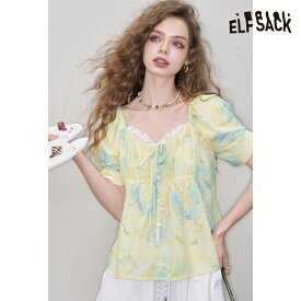 送料無料 ELFSACK トップス シャツ パフスリーブ　レース パッチワーク フレンチスタイル レディース エルフサック ストリート Y2K ブランド 春　夏 おしゃれ 可愛い カジュアル 体型カバー 30代 40代 50代 韓国 ファッション 個性的 派手