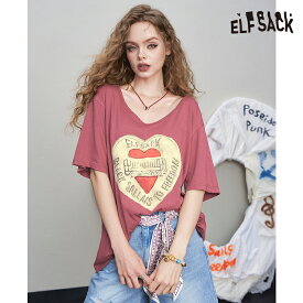 送料無料 ELFSACK Tシャツ トップス ハート　プリント　Vネック　ゆったり レディース エルフサック ストリート Y2K ブランド 春　夏 おしゃれ 可愛い カジュアル 体型カバー 30代 40代 50代 韓国 ファッション 個性的 派手