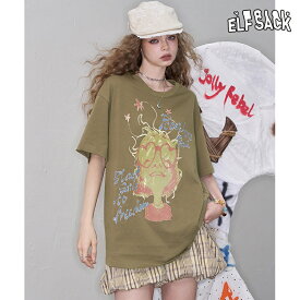 送料無料 ELFSACK Tシャツ トップス プリント　半袖　ゆったり レディース エルフサック ストリート Y2K ブランド 春　夏 おしゃれ 可愛い カジュアル 体型カバー 30代 40代 50代 韓国 ファッション 個性的 派手