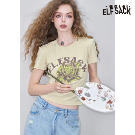 送料無料 ELFSACK Tシャツ トップス スリム プリント 半袖 レディース エルフサック ストリート Y2K ブランド 春　夏 おしゃれ 可愛い カジュアル 体型カバー 30代 40代 50代 韓国 ファッション 個性的 派手