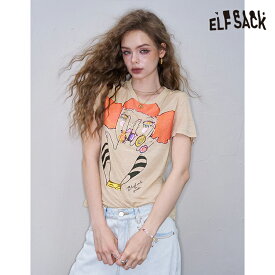 送料無料 ELFSACK Tシャツ トップス スリム　プリント 半袖 レディース エルフサック ストリート Y2K ブランド 春　夏 おしゃれ 可愛い カジュアル 体型カバー 30代 40代 50代 韓国 ファッション 個性的 派手