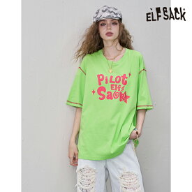 送料無料 ELFSACK Tシャツ トップス バイカラー　レター　プリント　半袖　 レディース エルフサック ストリート Y2K ブランド 春　夏 おしゃれ 可愛い カジュアル 体型カバー 30代 40代 50代 韓国 ファッション 個性的 派手