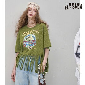 送料無料 ELFSACK Tシャツ トップス フリンジ　半袖　プリント レディース エルフサック ストリート Y2K ブランド 春　夏 おしゃれ 可愛い カジュアル 体型カバー 30代 40代 50代 韓国 ファッション 個性的 派手