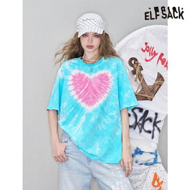 送料無料 ELFSACK Tシャツ トップス タイダイ　ハート　プリント　半袖 レディース エルフサック ストリート Y2K ブランド 春　夏 おしゃれ 可愛い カジュアル 体型カバー 30代 40代 50代 韓国 ファッション 個性的 派手
