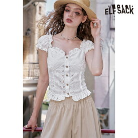 送料無料 ELFSACK シフォン ブラウス トップス シャツ レース パフスリーブ　フレンチスタイル レディース エルフサック ストリート Y2K ブランド 春　夏 おしゃれ 可愛い カジュアル 体型カバー 30代 40代 50代 韓国 ファッション 個性的 派手
