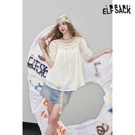 送料無料 ELFSACK シフォン ブラウス トップス シャツ フリンジ レース　半袖 レディース エルフサック ストリート Y2K ブランド 春　夏 おしゃれ 可愛い カジュアル 体型カバー 30代 40代 50代 韓国 ファッション 個性的 派手