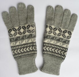 アルパカ100％手袋　手編み　高品質 ソフト　暖かい　可愛い　アンデス　幾何学柄 ALA-061 淡グレー