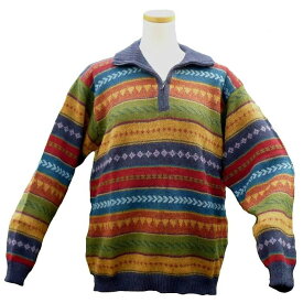 アルパカ100％ セーター ALCF-016 丸首 ファスナー付き ペルー製 アンデス ソフト 暖かい 幾何学柄 男性
