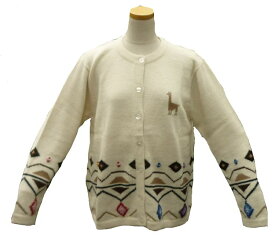 アルパカ100％　丸首カーディガン ALCA-017-1 女性　ペルー・リャマ柄 刺繍入り　ソフト暖かい 生成り