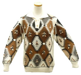 アルパカ100％　ALCN-002-2 襟付き セーター　男性　ペルー　アンデス　インディオ　リャマ柄 　生成り