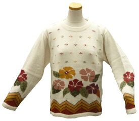 アルパカ100％セーター　ALC-057-1 女性　丸首　花柄　アンデス　ペルー　ソフト　暖かい　高品質　生成り
