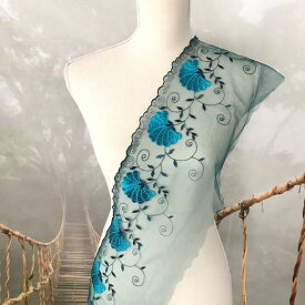 レース リボン 手芸 幅広 花柄 ブルー 刺繍リボン 手作り 飾り 素材 装飾 材料 衣装 チュールレース